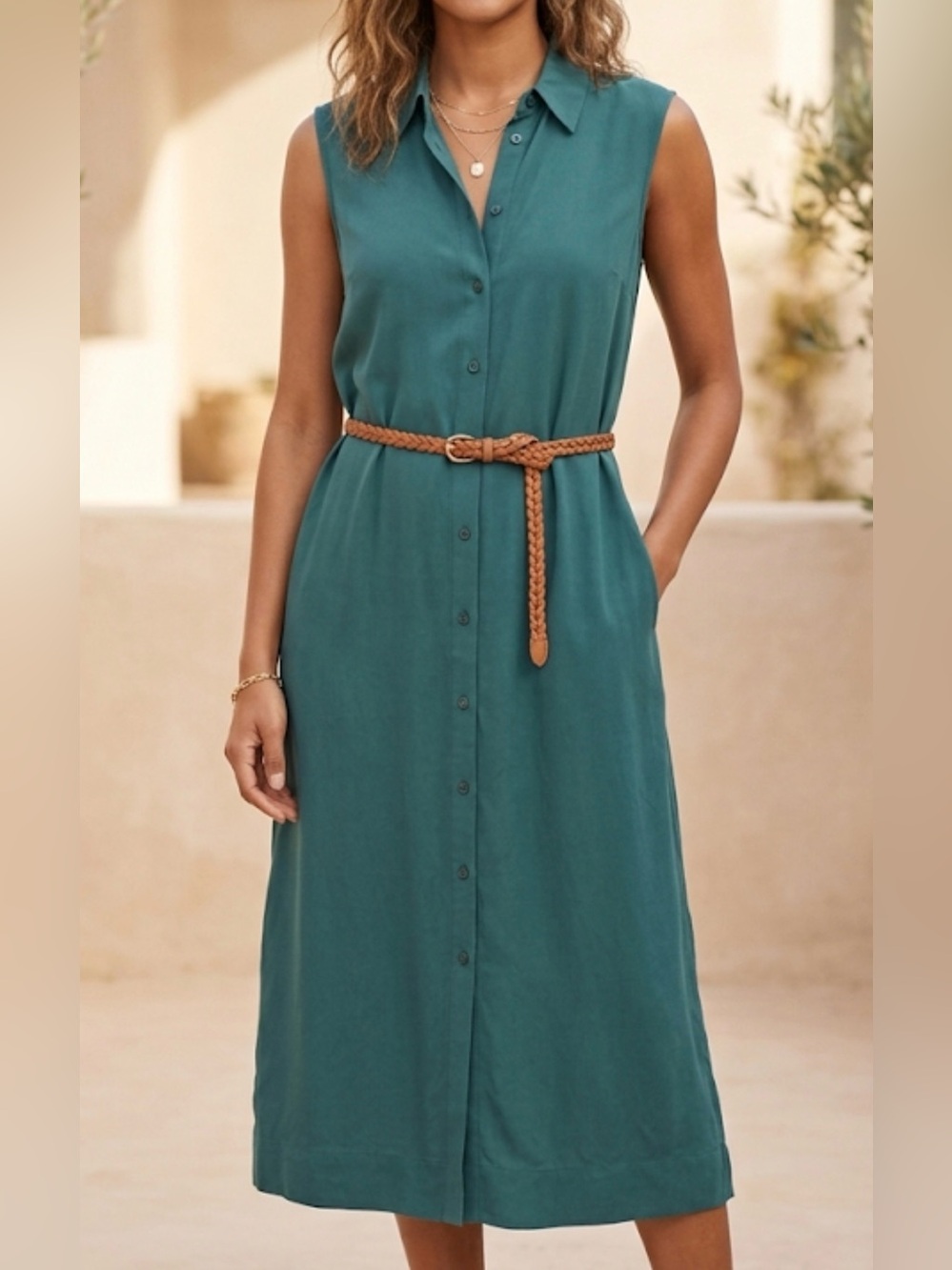 Diane von Furstenberg‎ Teal Green 100% Silk Sleeveless Midi Shirt Dress Small